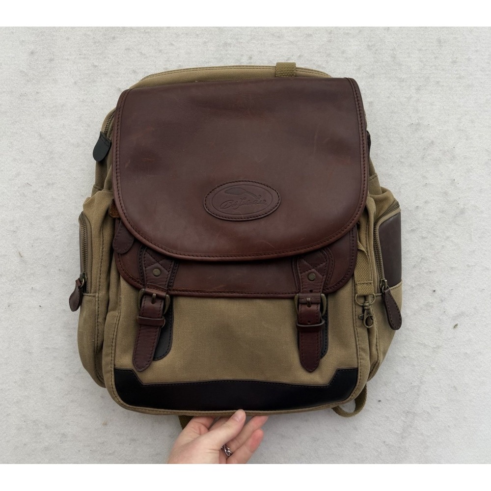 Vintage Bob Timberlake Canvas Leather Backpack Messenger Bag Khaki Brown